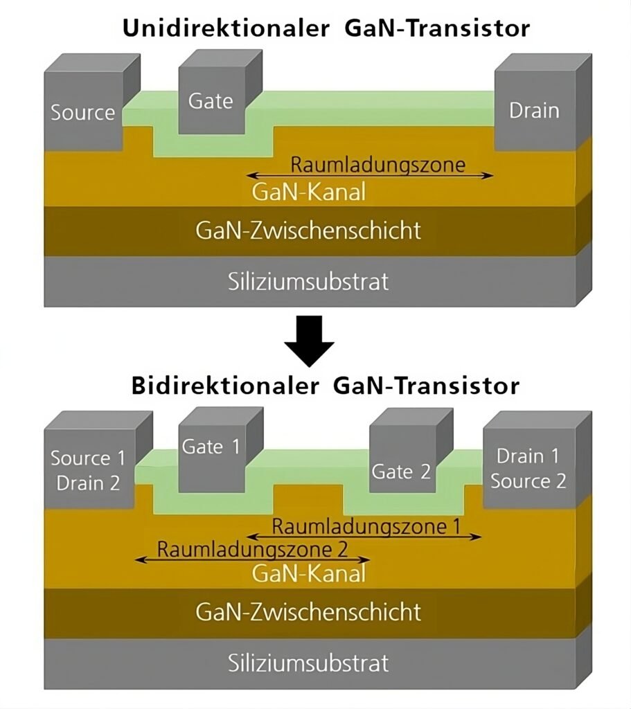 Schematischer Vergleich eines unidirektionalen und eines bidirektionalen GaN-Transistors. Durch die Eigenschaft, die Spannung in beide Richtungen zu sperren, ergeben sich neue Einsatzmöglichkeiten. | Copyright: © Fraunhofer IZM