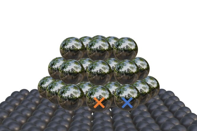 newsimage399717 | Pugnalom Ein winziger Nanopartikel aus Silber (spiegelnde Atome oben) auf einem Kohlenstoff-Träger. Besonders aktiv sind genau die Positionen des Grenzbereichs (farbige Markierungen). (Credits: TU Wien)