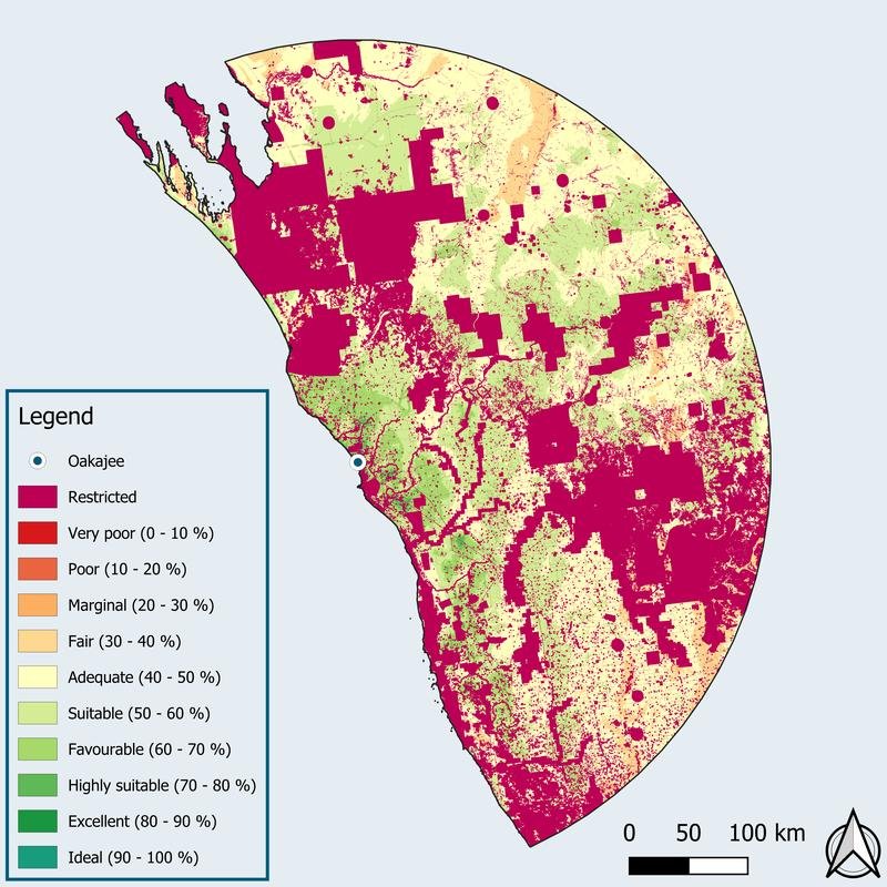 Wissenschaftler des Fraunhofer ISE haben die Eignung von Standorten für die Erzeugung von erneuerba-rem Strom für die Region Oakajee untersucht, wie hier am Beispiel für Onshore-Windkraftanlagen. | Copyright: Fraunhofer ISE