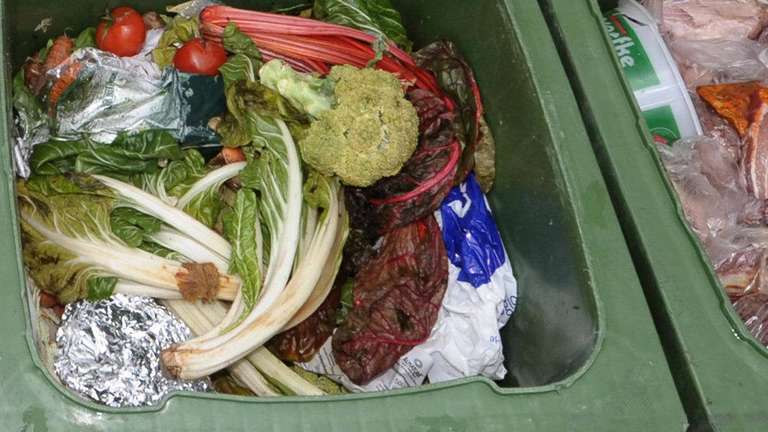 Ein grüner Biotonnenbehälter, gefüllt mit verschiedenen organischen Abfällen wie Gemüseresten, Blattgemüse und Alufolie.