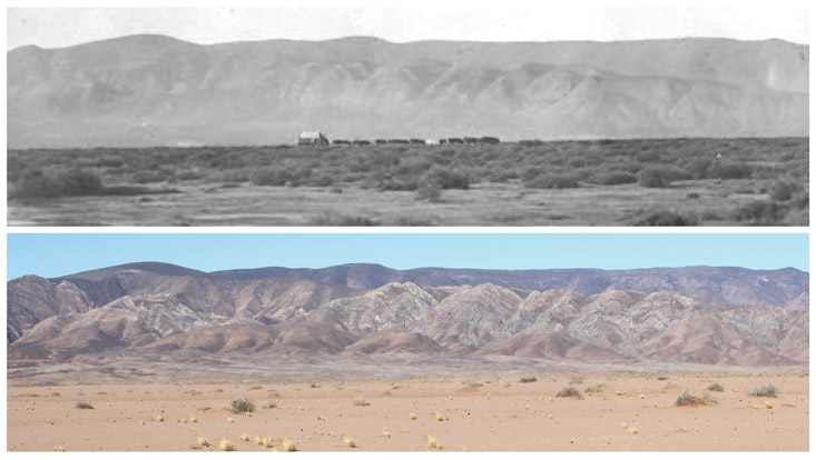 Ein Vergleich von zwei Landschaftsaufnahmen: Oben ein historisches Bild des Richtersveld mit Vegetation und landwirtschaftlichen Gebäuden, unten eine aktuelle Aufnahme, die die Wüstenausbreitung und Wüstenlandschaft zeigt.