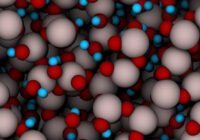 Die Aluminium-Atome (grau) und die Sauerstoffatome (rot) liegen im amorphen Aluminiumoxid nicht in einer geordneten kristallinen Form vor. (Wasserstoffatome: blau). Credits: Empa