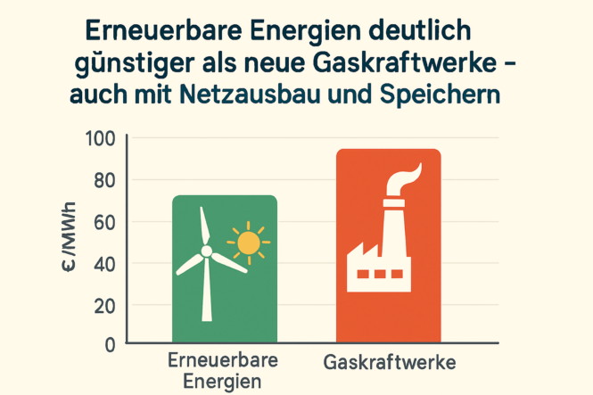 Vergleichsdiagramm: Erneuerbare Energien (grüne Bar mit Windrad und Sonne) deutlich günstiger als Gaskraftwerke (orange Bar mit Kamin) – Kosten in €/MWh, Diagrammformat.