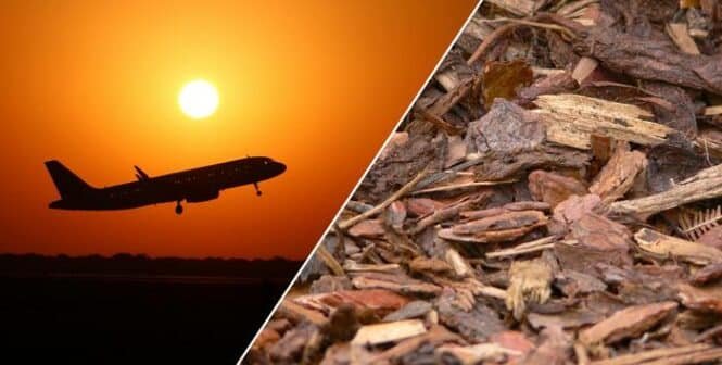 Split image: airplane taking off at sunset on the left, and a bed of brown wood mulch on the right.