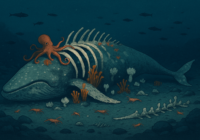 Illustration of a large whale-like creature on the ocean floor with an orange octopus on its back and small orange crabs nearby.