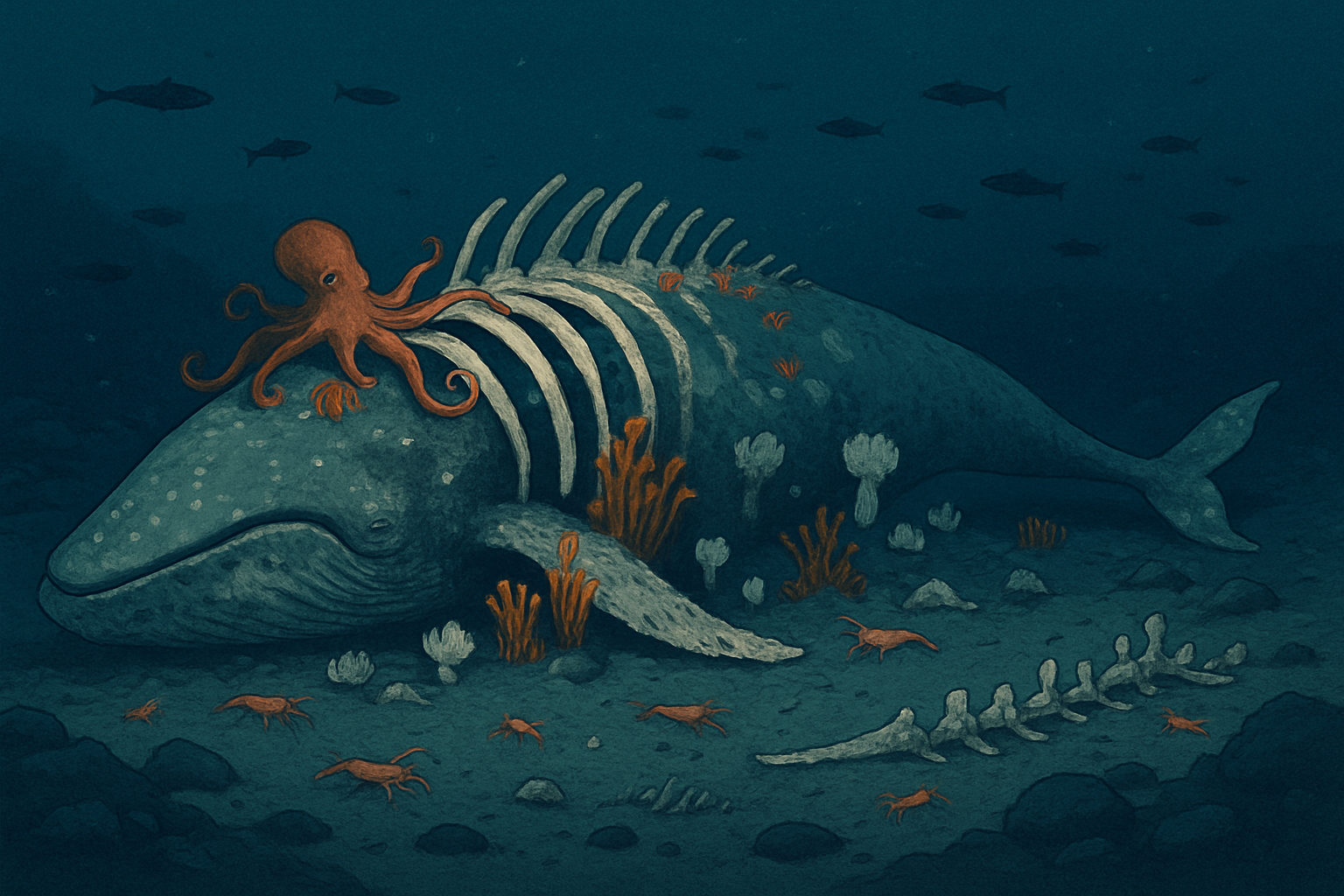 Ein einzelner großer Wal-Kadaver kann bis zu 2.000 Kilogramm organischen Kohlenstoff in die Tiefsee einbringen und ein lokales Ökosystem über 50–100 Jahre ernähren. Credits: Pugnalom.io by LabNews Media LLC