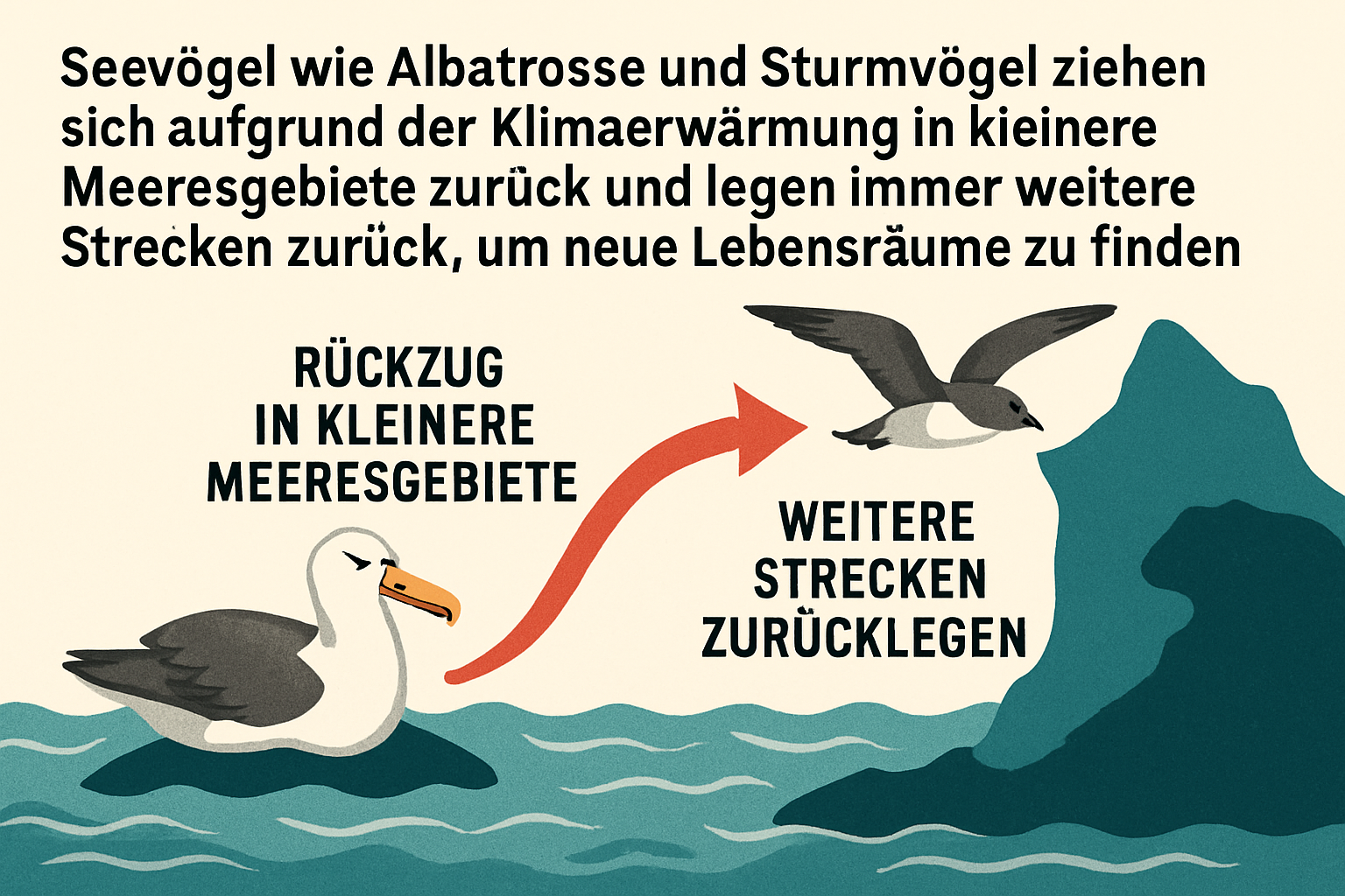 Seevögel wie Albatrosse und Sturmvögel ziehen sich aufgrund der Klimaerwärmung in kleinere Meeresgebiete zurück und legen immer weitere Strecken zurück, um neue Lebensräume zu finden. Credits: Pugnalom by LabNews Media LLC