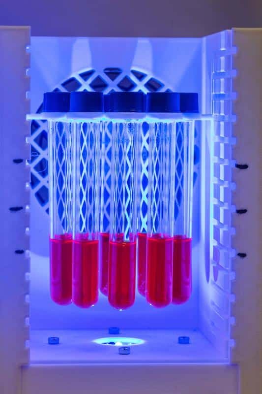 In einem Forschungslabor des SFB/TRR »CATALIGHT«: Katalyselösungen mit lumineszierendem Ruthenium-Farbstoff, die im Reaktor mit sichtbarem Licht bestrahlt werden. | Quelle: Elvira Eberhardt / Uni Ulm