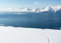 Snowy hillside with a single trail leading toward a blue sea and distant snow-covered mountains; a line of hikers follow the path in the foreground.