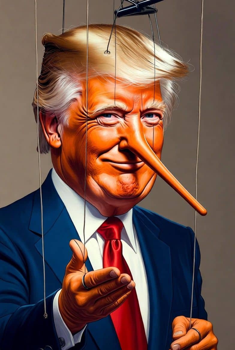 Caricature of a man in a blue suit and red tie with a long Pinocchio-like nose on strings in front of him.