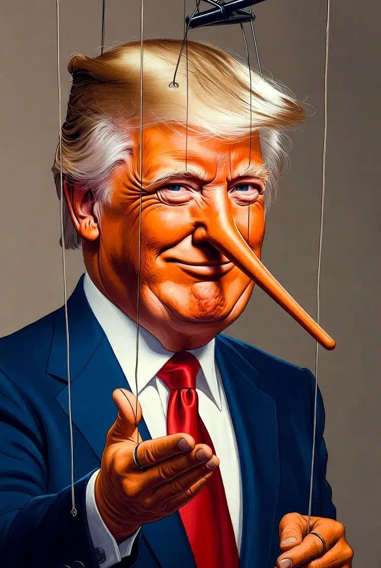 Caricature of a man in a blue suit and red tie with a long Pinocchio-like nose on strings in front of him.