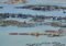 Floating fish farming cages and small sheds in a calm coastal lagoon surrounded by water.