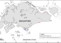 Map of Singapore and nearby waters showing two marker symbols (blue and red triangles) identifying species locations.