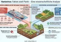 Infografik über Hantavirus: Vergleich neuer und alter Welt-Hantaviren, dargestellte Ausbruchssituation 2026 auf einem Kreuzfahrtschiff, Symptome, Übertragung, Risikogebiete in Deutschland sowie Präventions- und Schutzmaßnahmen.