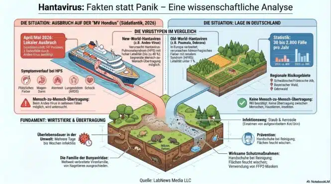 Infografik über Hantavirus: Vergleich neuer und alter Welt-Hantaviren, dargestellte Ausbruchssituation 2026 auf einem Kreuzfahrtschiff, Symptome, Übertragung, Risikogebiete in Deutschland sowie Präventions- und Schutzmaßnahmen.