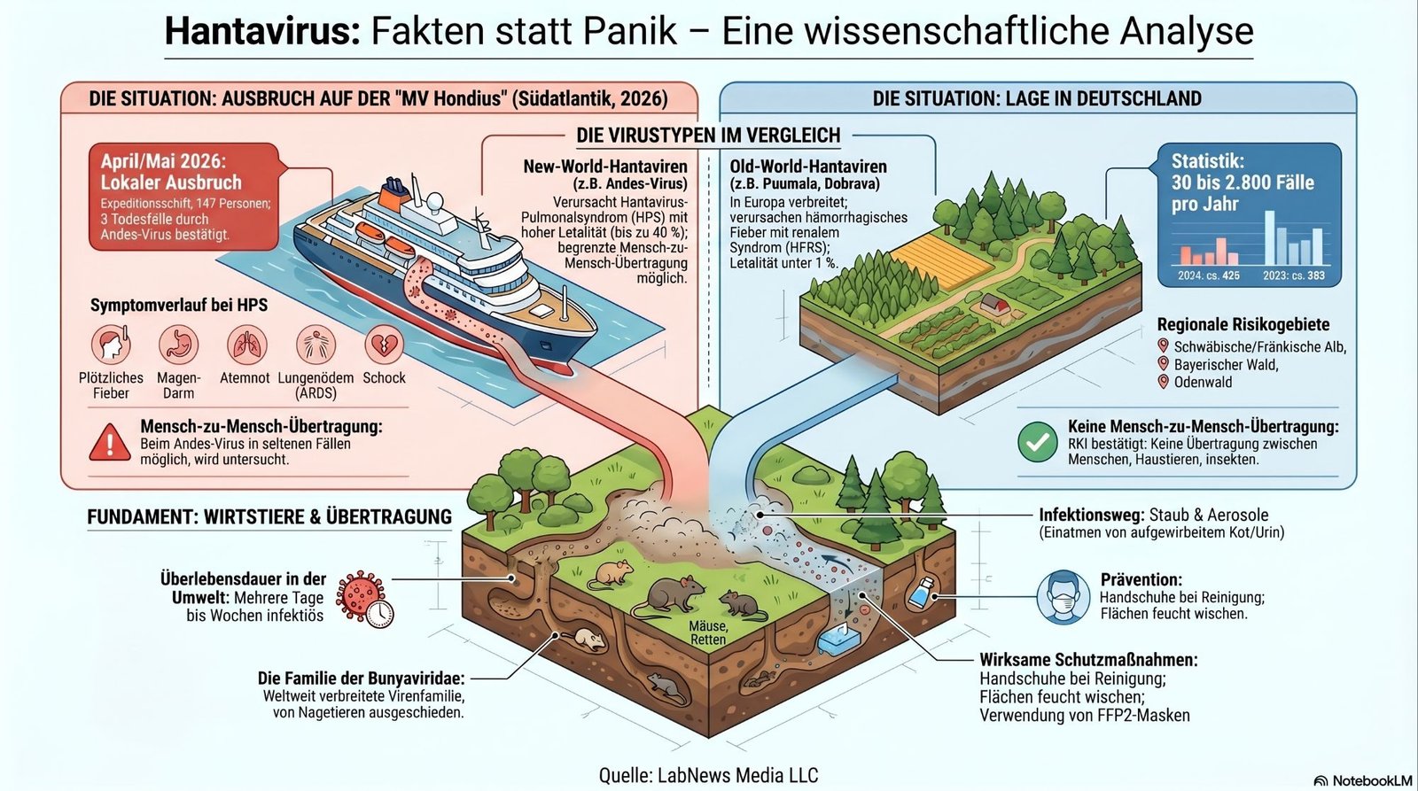 Infografik über Hantavirus: Vergleich neuer und alter Welt-Hantaviren, dargestellte Ausbruchssituation 2026 auf einem Kreuzfahrtschiff, Symptome, Übertragung, Risikogebiete in Deutschland sowie Präventions- und Schutzmaßnahmen.