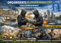 Two hooded figures swap an 'Illegaler Treibhausgas Handel' barrel amid stacks of cash, with an industrial backdrop.