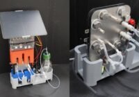 Split image of a laboratory pump system: left side shows an orange modular block on a blue base with wiring and tubing leading to a small bottle reservoir; right side shows a stainless-steel manifold with multiple threaded fittings and attached tubing mounted in a gray holder.