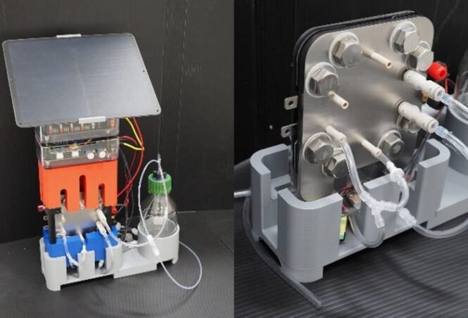 Split image of a laboratory pump system: left side shows an orange modular block on a blue base with wiring and tubing leading to a small bottle reservoir; right side shows a stainless-steel manifold with multiple threaded fittings and attached tubing mounted in a gray holder.