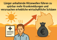 Infographic about longer heatwaves causing more illnesses and economic damage in Germany: sun, worried man, health document, money bag, and rising arrow over a Germany map.