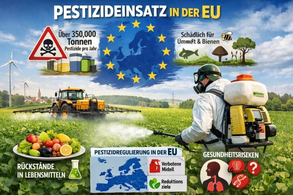 Infographic about EU pesticide use: farmer spraying crops in a field, EU stars circle, and icons for health and environmental risks.