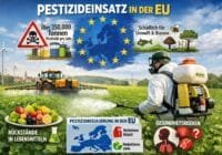 Infographic about EU pesticide use: farmer spraying crops in a field, EU stars circle, and icons for health and environmental risks.