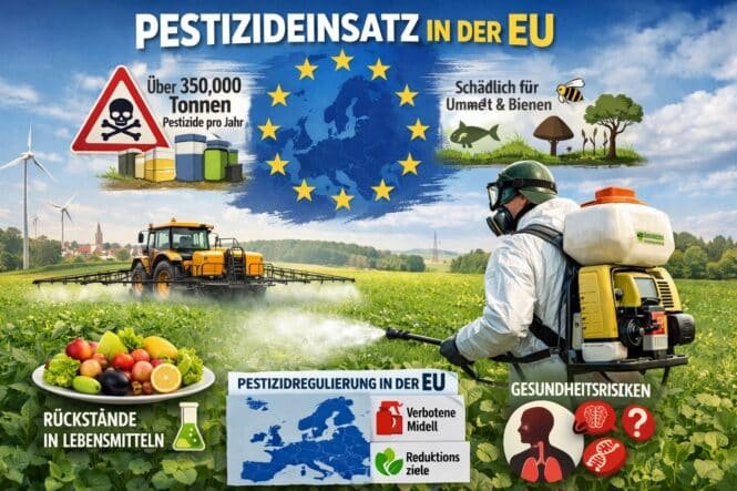 Infographic about EU pesticide use: farmer spraying crops in a field, EU stars circle, and icons for health and environmental risks.