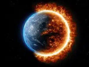 Earth shown in space with a bright ring of fire around its illuminated edge, blending blue glow on the left and fiery orange on the right, suggesting destruction or transformation.