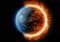 Earth shown in space with a bright ring of fire around its illuminated edge, blending blue glow on the left and fiery orange on the right, suggesting destruction or transformation.