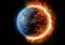 Earth shown in space with a bright ring of fire around its illuminated edge, blending blue glow on the left and fiery orange on the right, suggesting destruction or transformation.