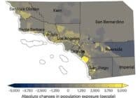 Map of Southern California counties showing absolute changes in population exposure, color-coded from -5,000 (dark blue) to +5,000 (yellow) people; counties labeled (from north to south): San Luis Obispo, Kern, Santa Barbara, Ventura, Los Angeles, Orange, Riverside, San Diego, Imperial. White outlines indicate coastlines and boundaries.