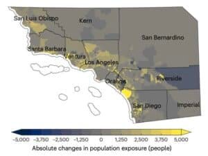 low-res_fig4c7906798643980073690jpg | Pugnalom Map of Southern California counties showing absolute changes in population exposure, color-coded from -5,000 (dark blue) to +5,000 (yellow) people; counties labeled (from north to south): San Luis Obispo, Kern, Santa Barbara, Ventura, Los Angeles, Orange, Riverside, San Diego, Imperial. White outlines indicate coastlines and boundaries.