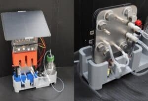 Two-panel photo of a compact laboratory pump and tubing system with a bottle reservoir.