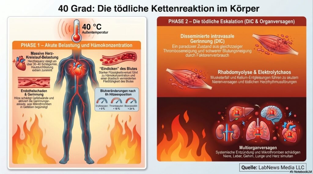 Zweigeteilte Infografik zur tödlichen Kettenreaktion im Körper; links Phase 1: akute Belastung und Herz-Kreislauf, rechts Phase 2: DIC und Organversagen.