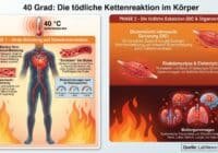 Zweigeteilte Infografik zur tödlichen Kettenreaktion im Körper; links Phase 1: akute Belastung und Herz-Kreislauf, rechts Phase 2: DIC und Organversagen.