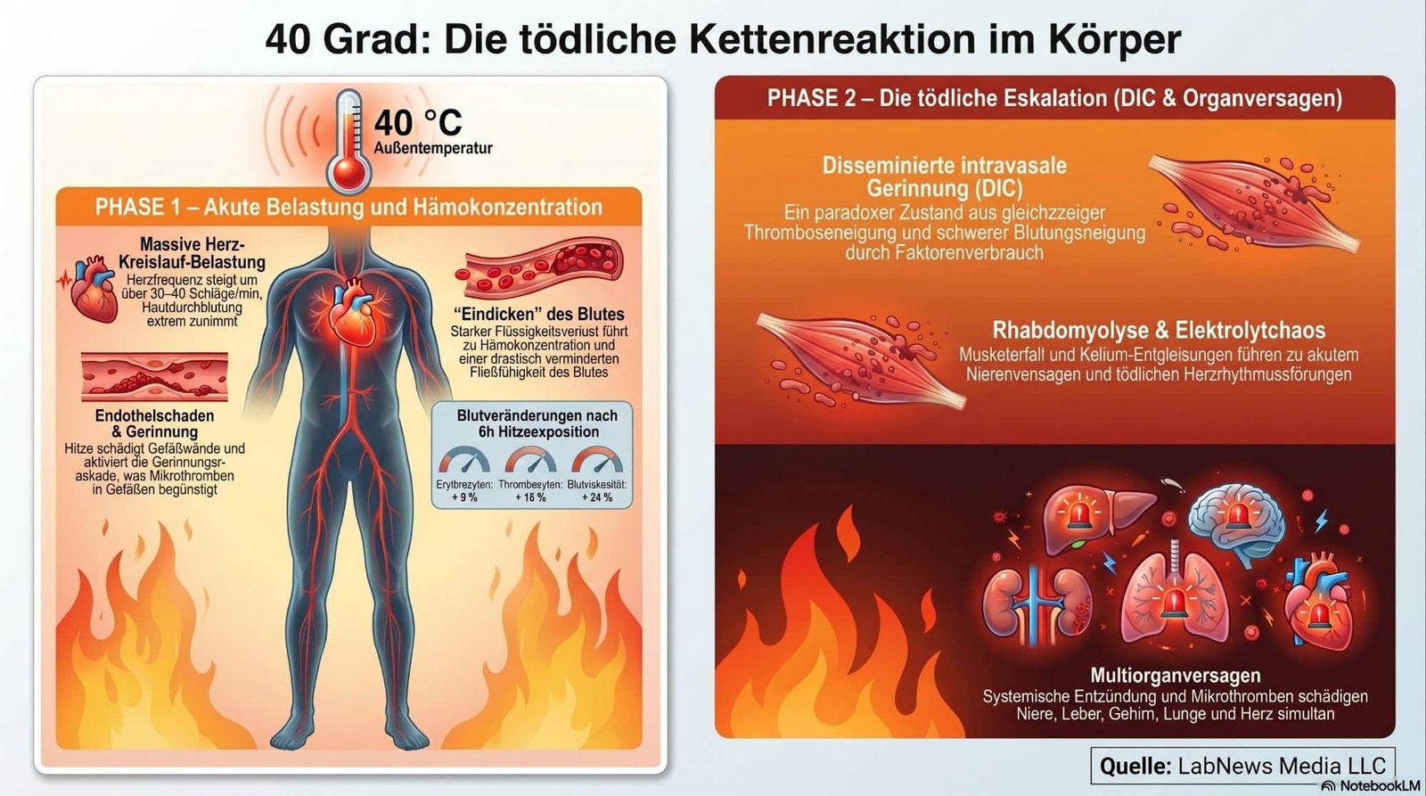 Zweigeteilte Infografik zur tödlichen Kettenreaktion im Körper; links Phase 1: akute Belastung und Herz-Kreislauf, rechts Phase 2: DIC und Organversagen.