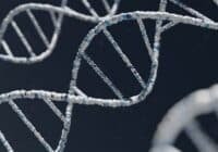 DNA double helix strands twisting against a dark background, highlighting the molecular structure
