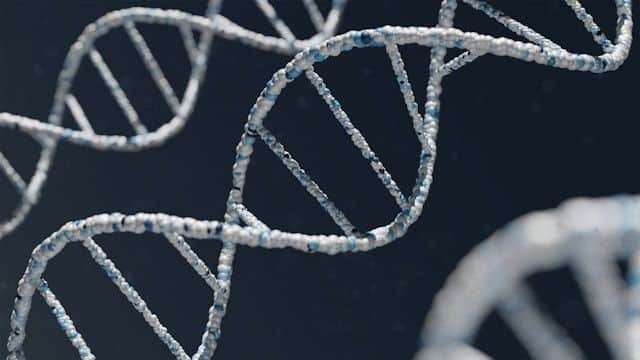 DNA double helix strands twisting against a dark background, highlighting the molecular structure