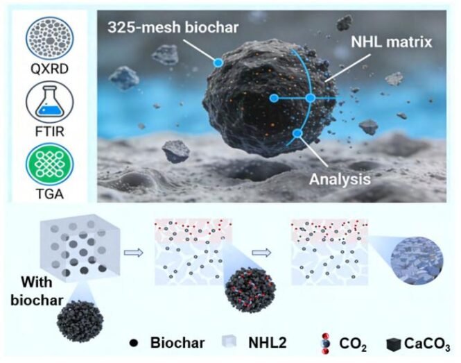 Low-Res_0png-2jpg | Pugnalom Infographic showing 325-mesh biochar within an NHL matrix, with analysis points labeled and icons for QXRD, FTIR, and TGA on the left; bottom schematic depicts biochar interacting with NHL2, CO2, and CaCO3.