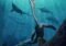Long-necked prehistoric sea creature with open jaws swims upward among other fish in an underwater canyon vision.