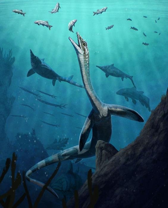 Long-necked prehistoric sea creature with open jaws swims upward among other fish in an underwater canyon vision.