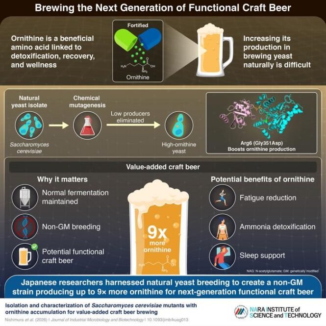 Low-Res_Infographic_22_June_2026jpg | Pugnalom Infographic about boosting ornithine in craft beer: yeast isolation, mutagenesis to high-ornithine strains, a beer with 9x ornithine, and potential benefits like fatigue reduction and ammonia detoxification.