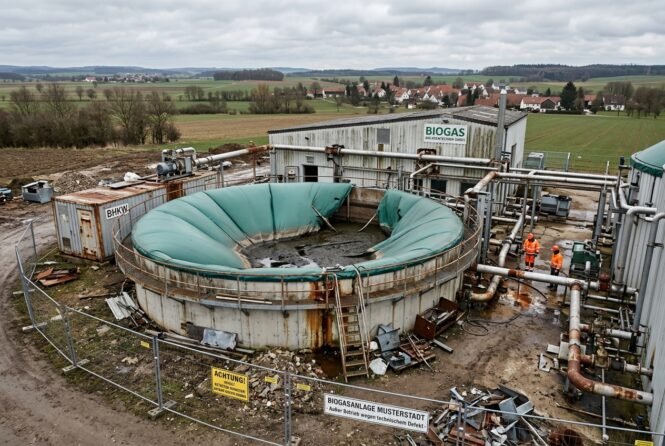 Industrial biogas plant with a large circular digester, rusted metal structures and two workers in orange safety gear nearby.