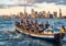 Dragon boat with German Bundestag members paddling on the East River; Manhattan skyline and Statue of Liberty in the background.