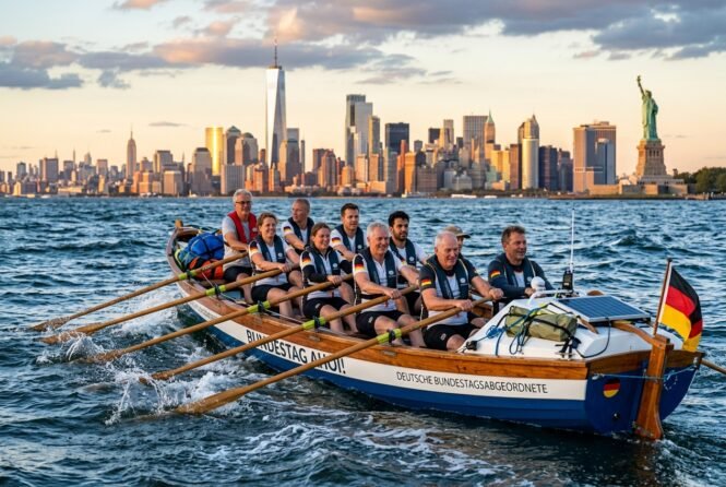 Dragon boat with German Bundestag members paddling on the East River; Manhattan skyline and Statue of Liberty in the background.