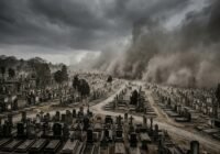 A vast graveyard under dark storm clouds with thick smoke or dust rising in the distance, rows of tombstones stretching to the horizon.