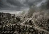 A vast graveyard under dark storm clouds with thick smoke or dust rising in the distance, rows of tombstones stretching to the horizon.