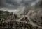 A vast graveyard under dark storm clouds with thick smoke or dust rising in the distance, rows of tombstones stretching to the horizon.