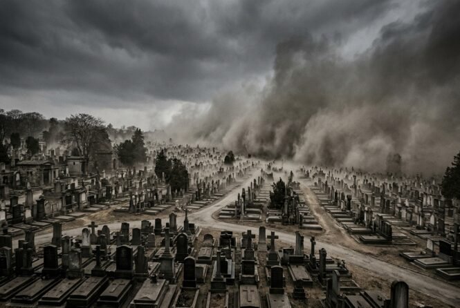 A vast graveyard under dark storm clouds with thick smoke or dust rising in the distance, rows of tombstones stretching to the horizon.