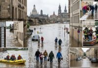 Large flood in Dresden: river water flooding streets, submerged cars, and people wading as rescue crews respond in the background.
